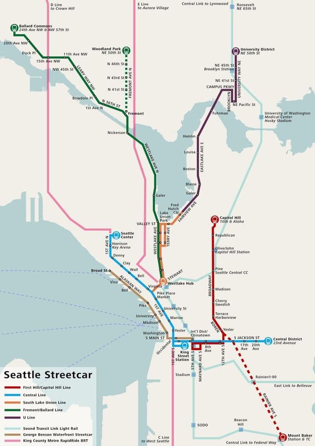 Karte der Straßenbahnhaltestellen in Seattle