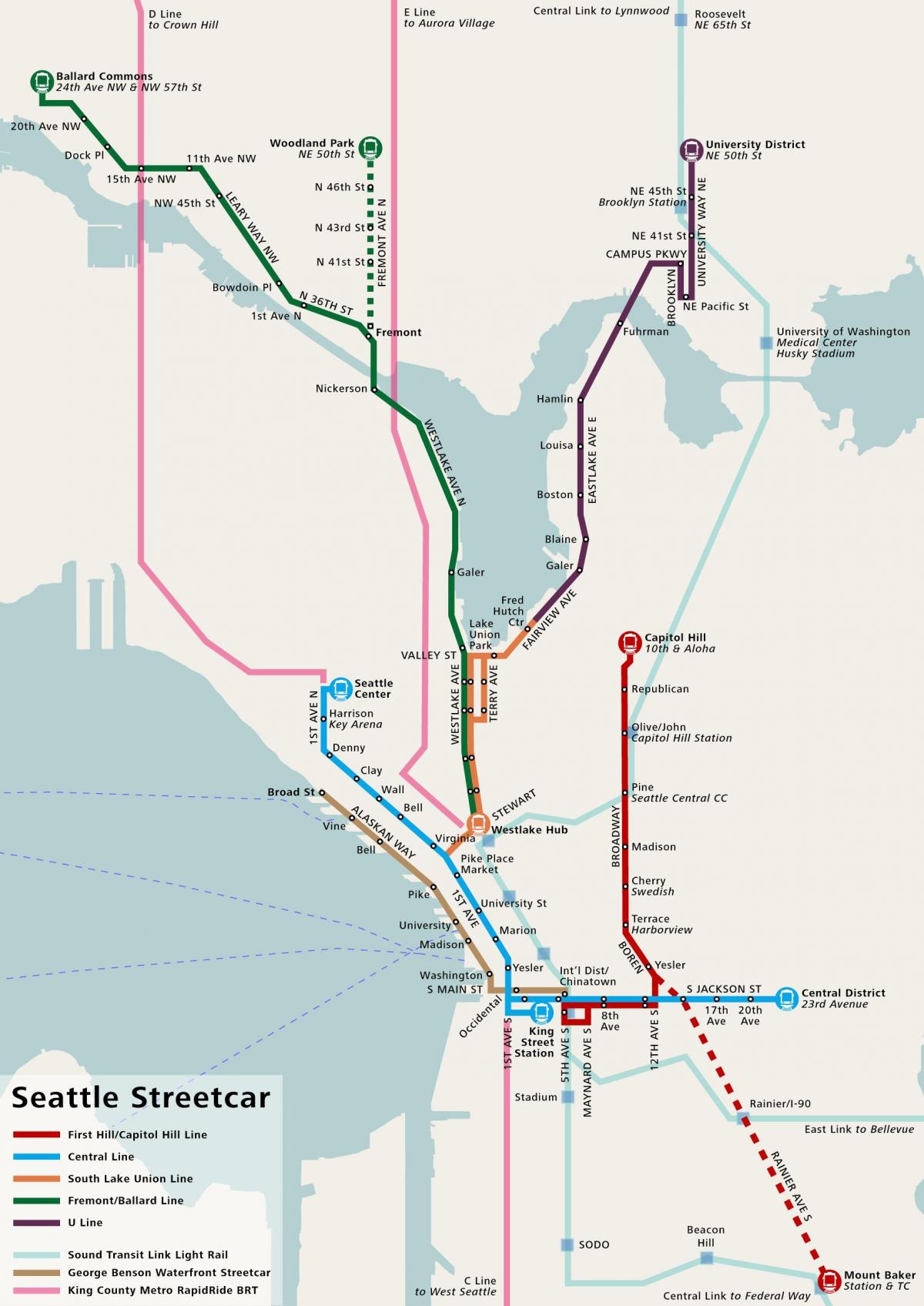 Karte der Straßenbahnhaltestellen in Seattle