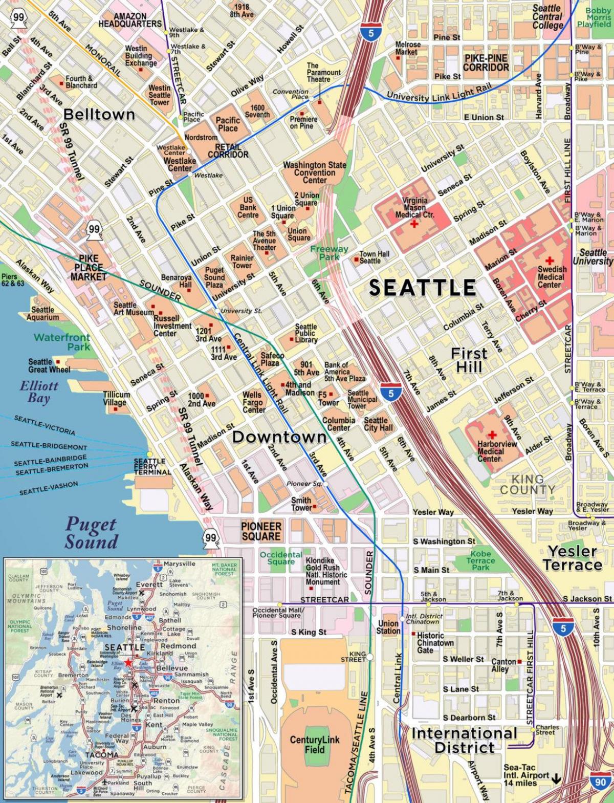 Karte des Stadtzentrums von Seattle